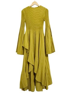 Oh So Modest Chartreuse Pleated Ruffle Maxi Dress OS